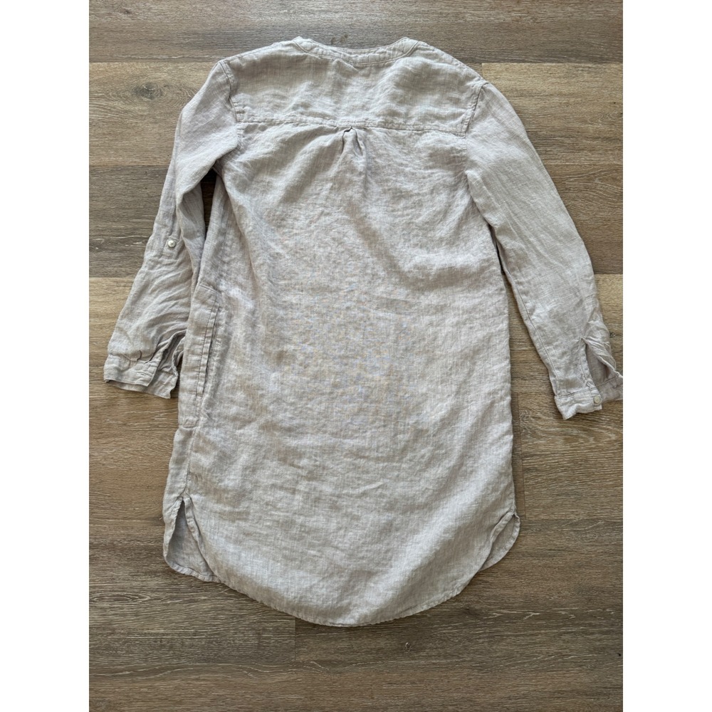 Tahari Womens XS 100% Linen Tunic Dress Oatmeal Beige Roll Tab Sleeve Pockets - Picture 6 of 7